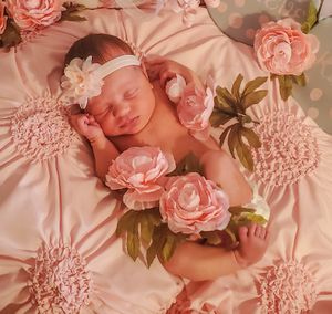 Delicate pink roses and floral arrangements create a soft, romantic composition in coral and blush tones.