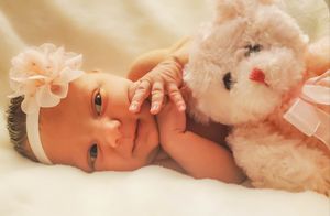 A collage of baby portraits with a white teddy bear showing different poses and expressions on a neutral background.
