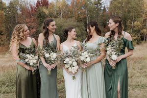 Bride and bridesmaids in elegant sage green dresses at Farmer Brown's Greenhouse, outdoor fall wedding, New Brunswick photographer, classic