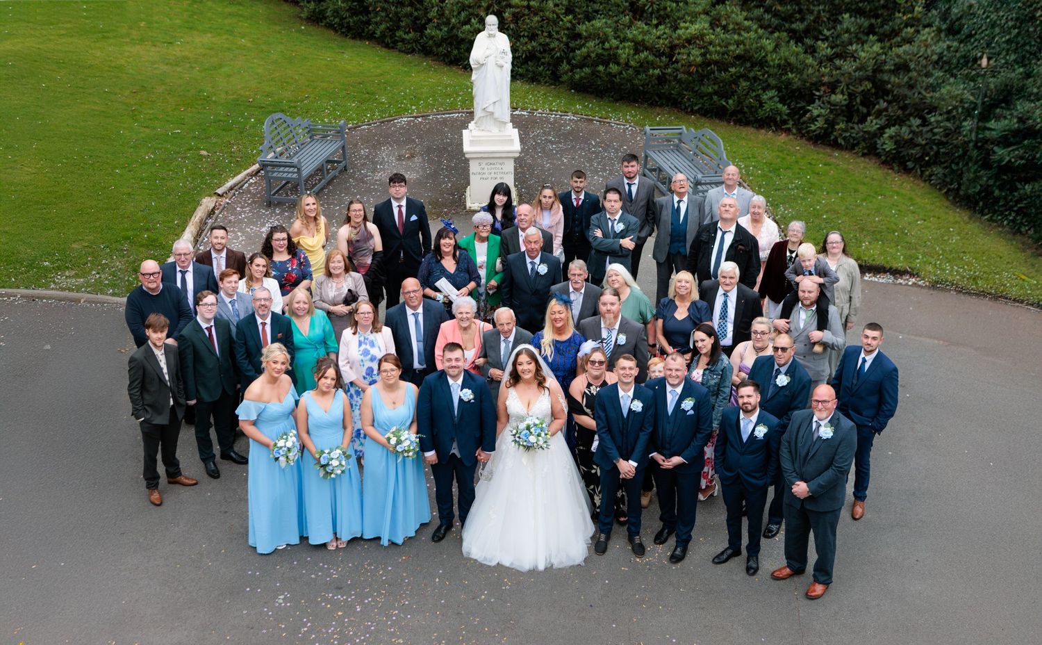 Wedding party group photos arranged in sequence showing different poses and groupings on a green lawn.