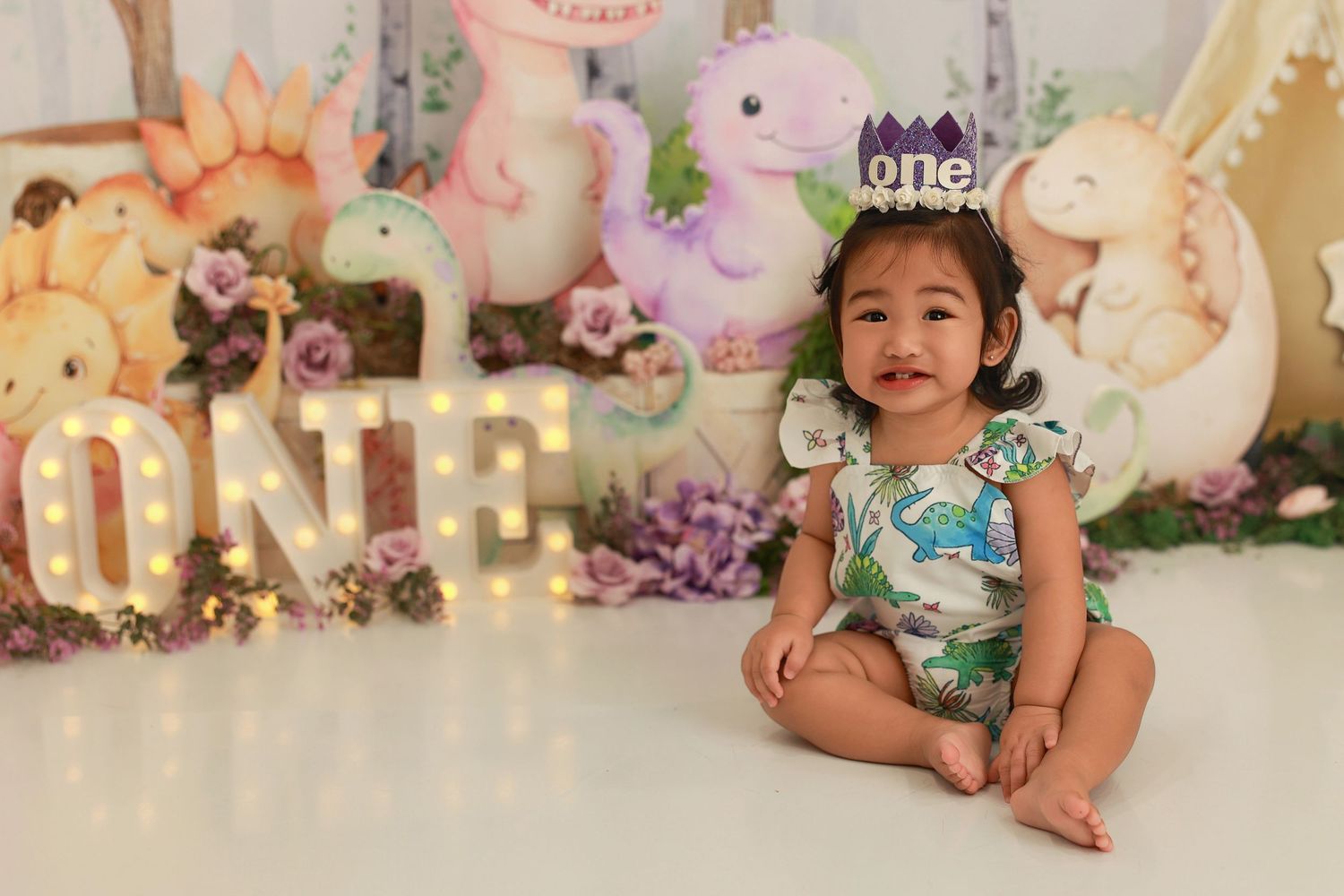 A baby in a dinosaur print outfit sits on white backdrop with 'ONE' balloons and plush dinosaurs in background.