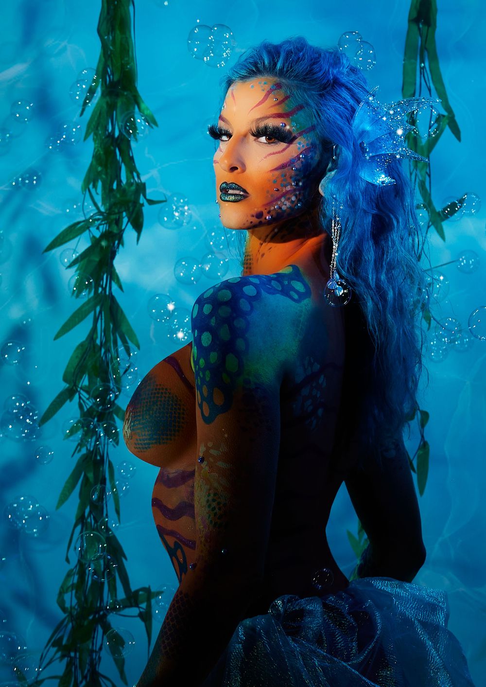 fantasy photography, fish lady body paint, underwater fantasy concept, creative body art, fine art portrait photography