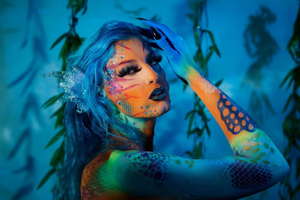fantasy photography, fish lady body paint, underwater fantasy concept, creative body art, fine art portrait photography