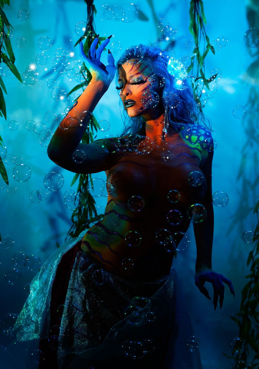aquatic aesthetic, glitter and sparkle photoshoot, surreal fantasy portrait, ocean-inspired art, iridescent photo series, mylar reflections.