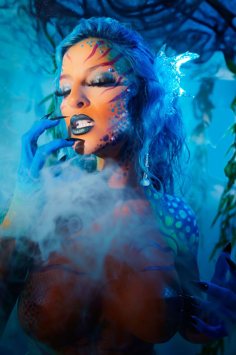 aquatic aesthetic, glitter and sparkle photoshoot, surreal fantasy portrait, ocean-inspired art, iridescent photo series, mylar reflections.