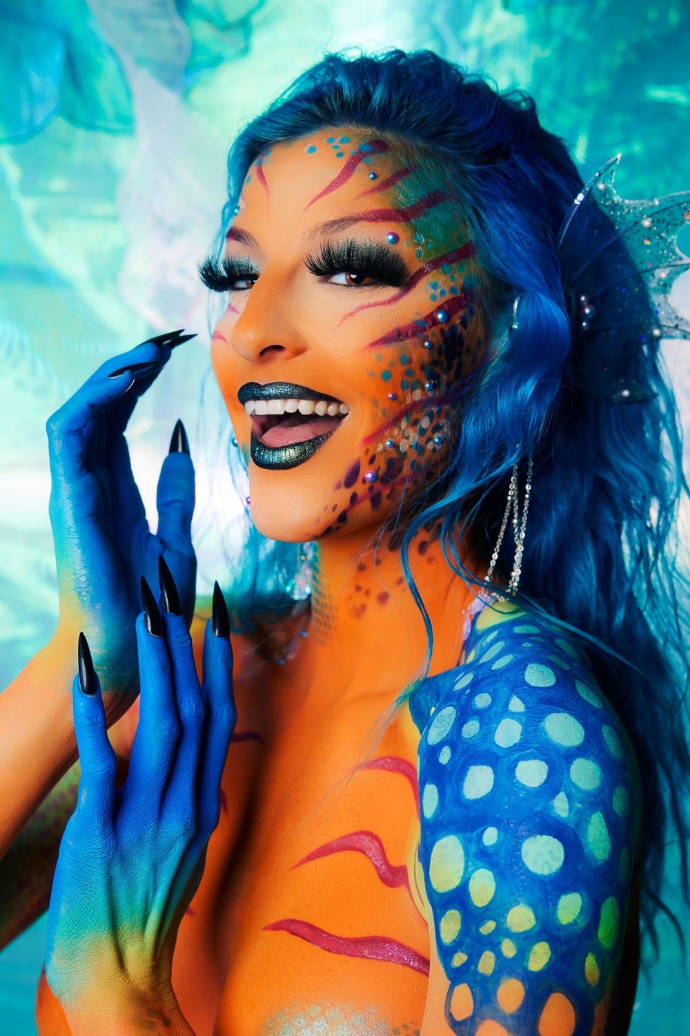 aquatic aesthetic, glitter and sparkle photoshoot, surreal fantasy portrait, ocean-inspired art, iridescent photo series, mylar reflections.
