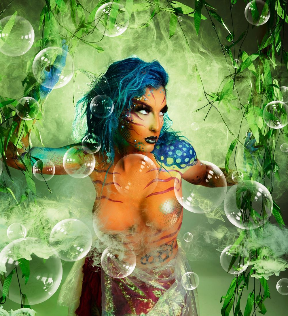 fantasy photography, fish lady body paint, underwater fantasy concept, creative body art, fine art portrait photography