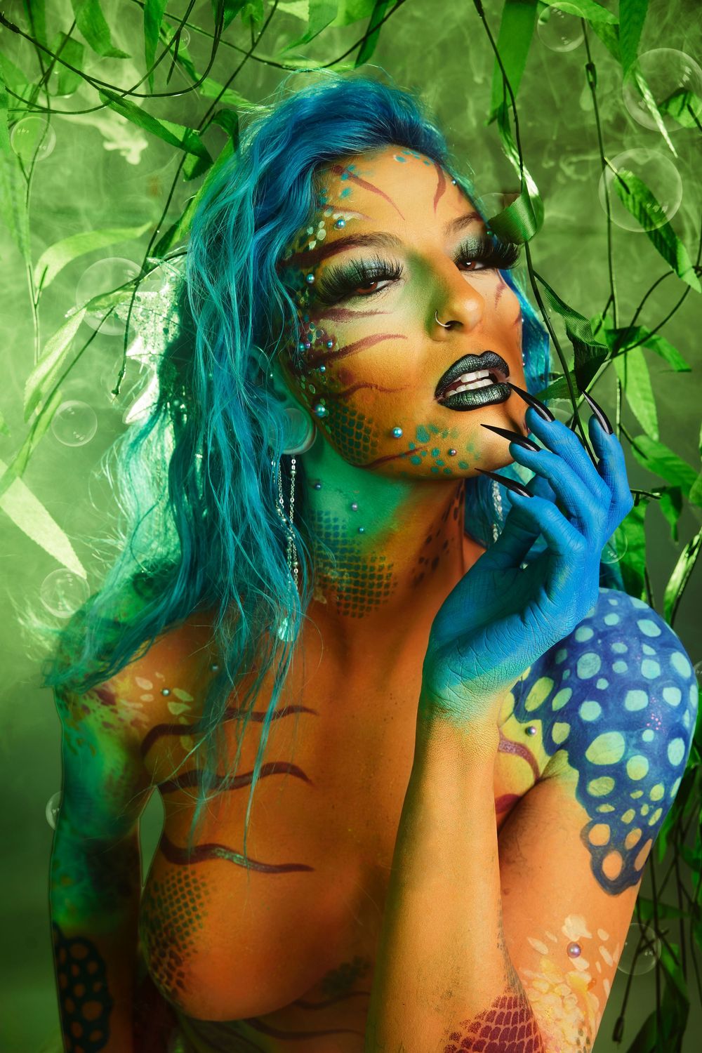 aquatic aesthetic, glitter and sparkle photoshoot, surreal fantasy portrait, ocean-inspired art, iridescent photo series, mylar reflections.