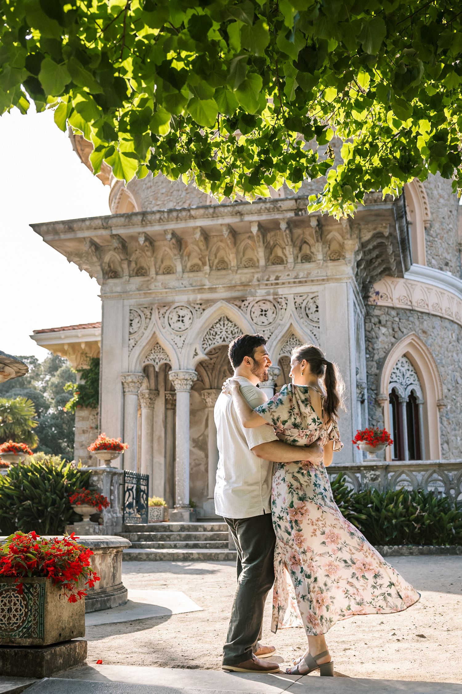Romantic couple portrait at Monserrate Palace during engagement session in Portugal