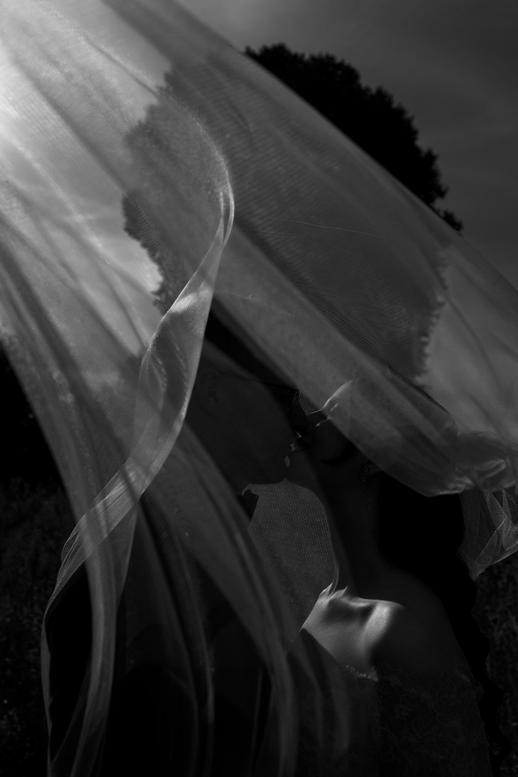 Artistic black and white shots of flowing bridal veil against dramatic sky.