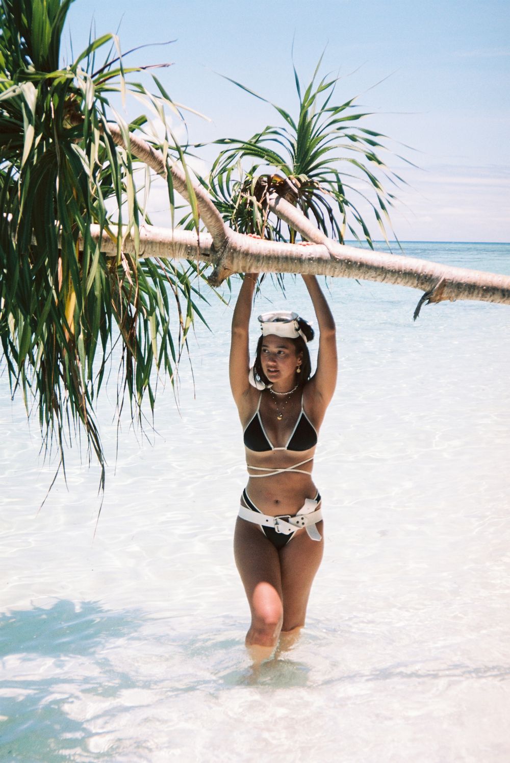 Person in swimwear playing under palm trees at a tropical beach.