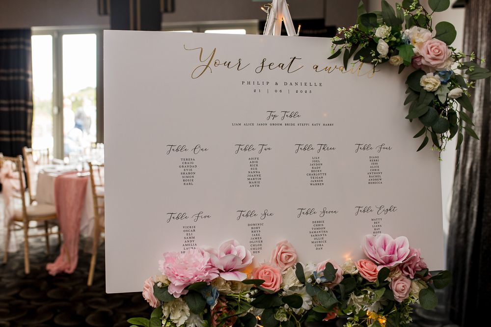 Wedding seating chart display decorated with pink roses and greenery.