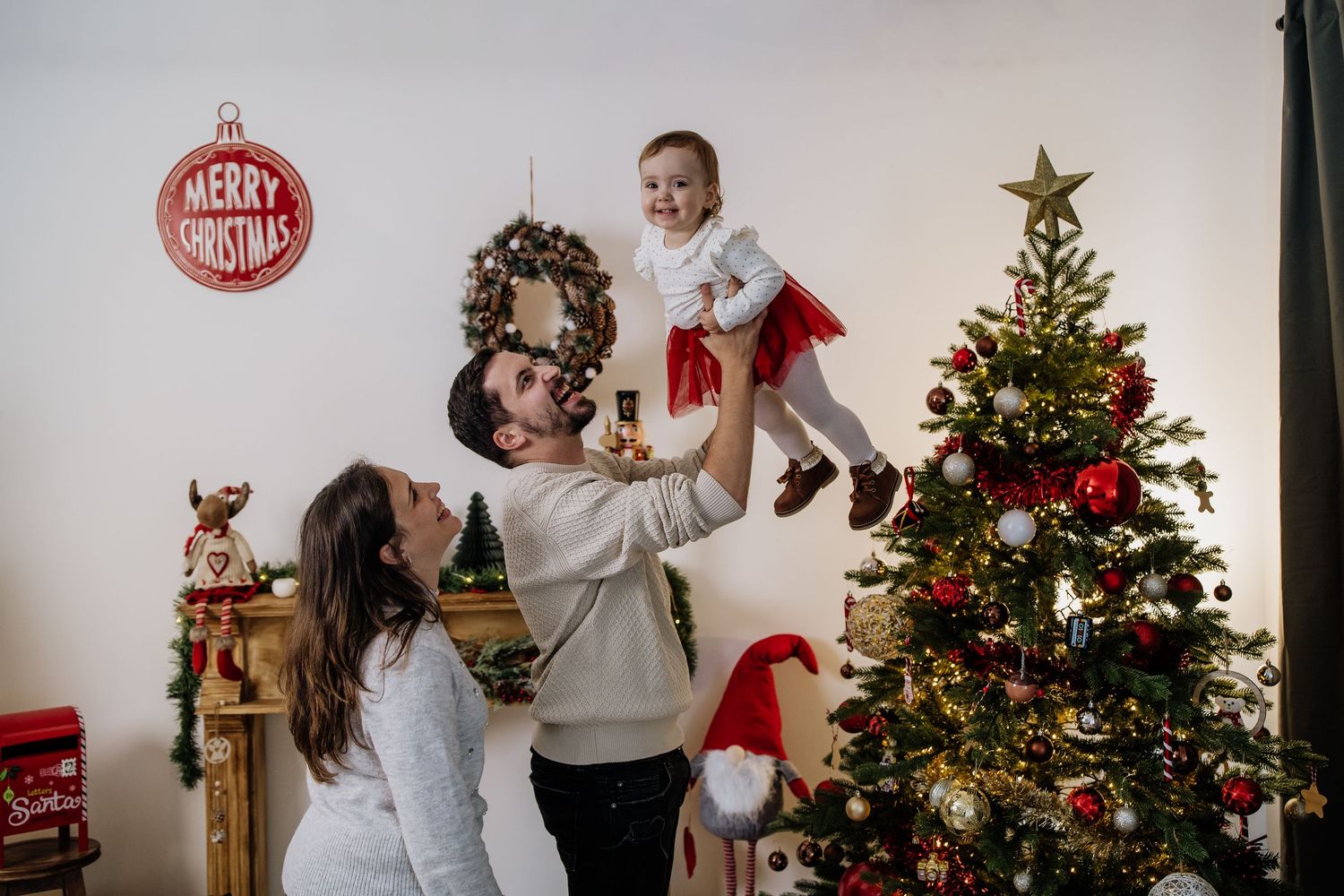 A collection of festive Christmas photos showing decorated trees, presents, and holiday moments at home.