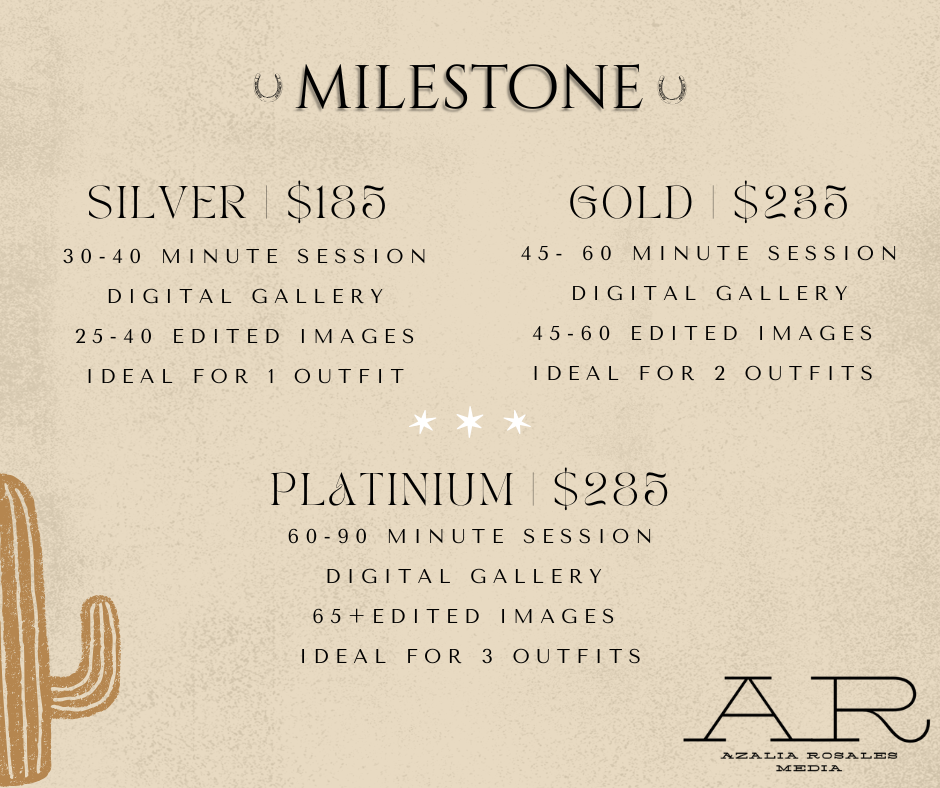 Milestone photography pricing menu showing Silver $185, Gold $235, and Platinum $285 session packages.