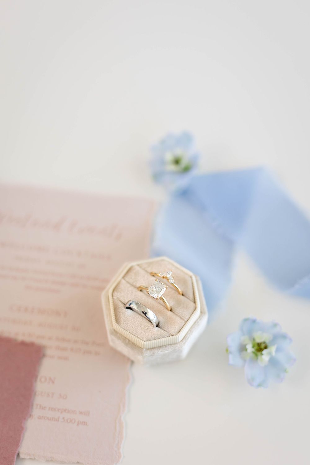 Wedding rings displayed in an octagonal box with delicate blue flowers and ribbon accents.