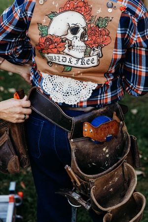 Close-up details of a plaid shirt with skull and floral design showing across multiple cropped views.