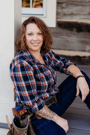 A person wearing a blue and orange plaid shirt and jeans poses casually on a porch in a series of lifestyle photos.