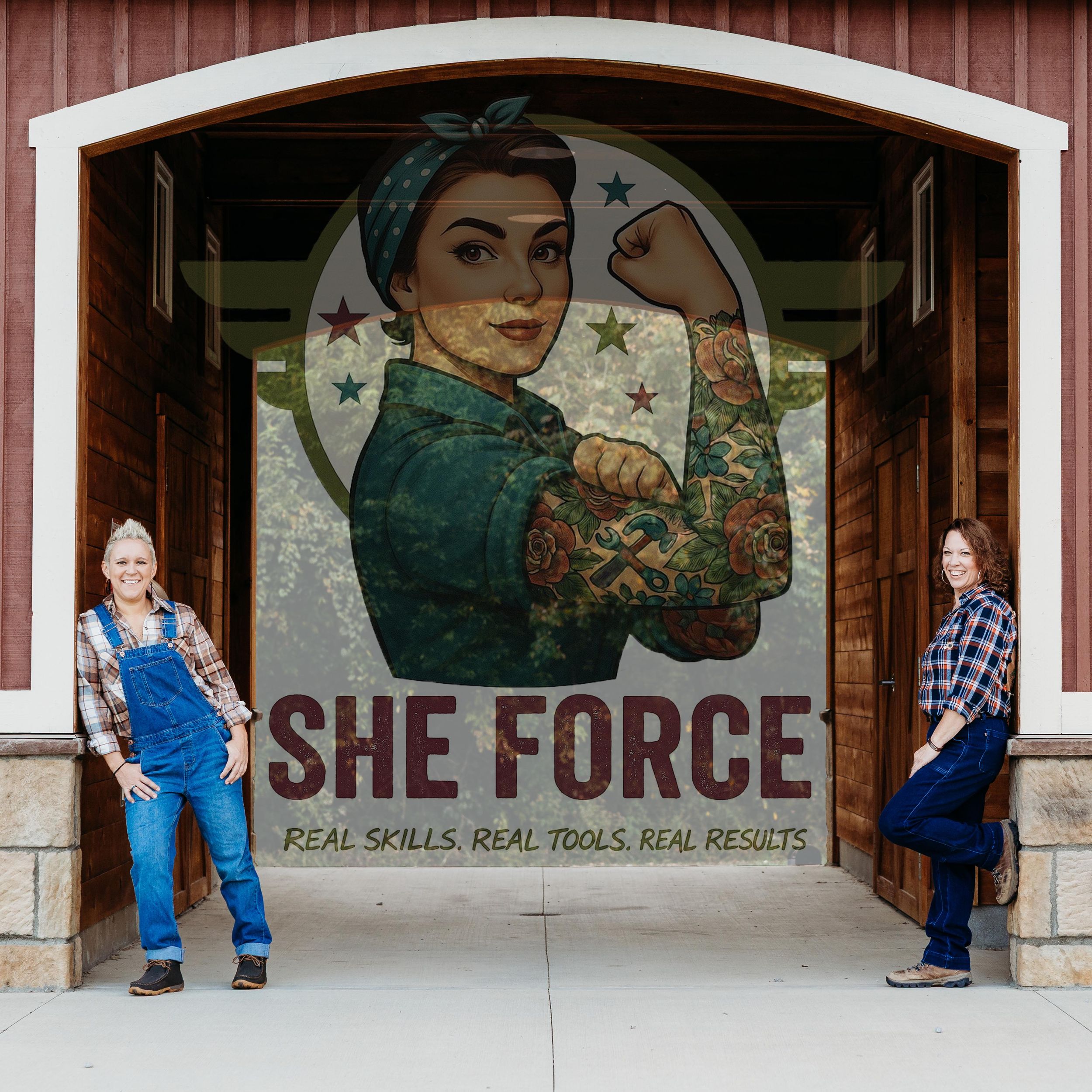 Two workers stand beside a large mural depicting a 'She Force' logo with a Rosie the Riveter inspired design.