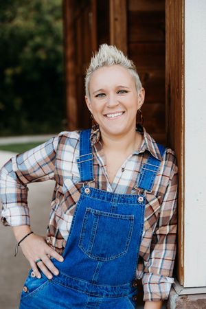 A series of casual portrait photos showing someone wearing plaid shirt and denim overalls in a rustic setting.