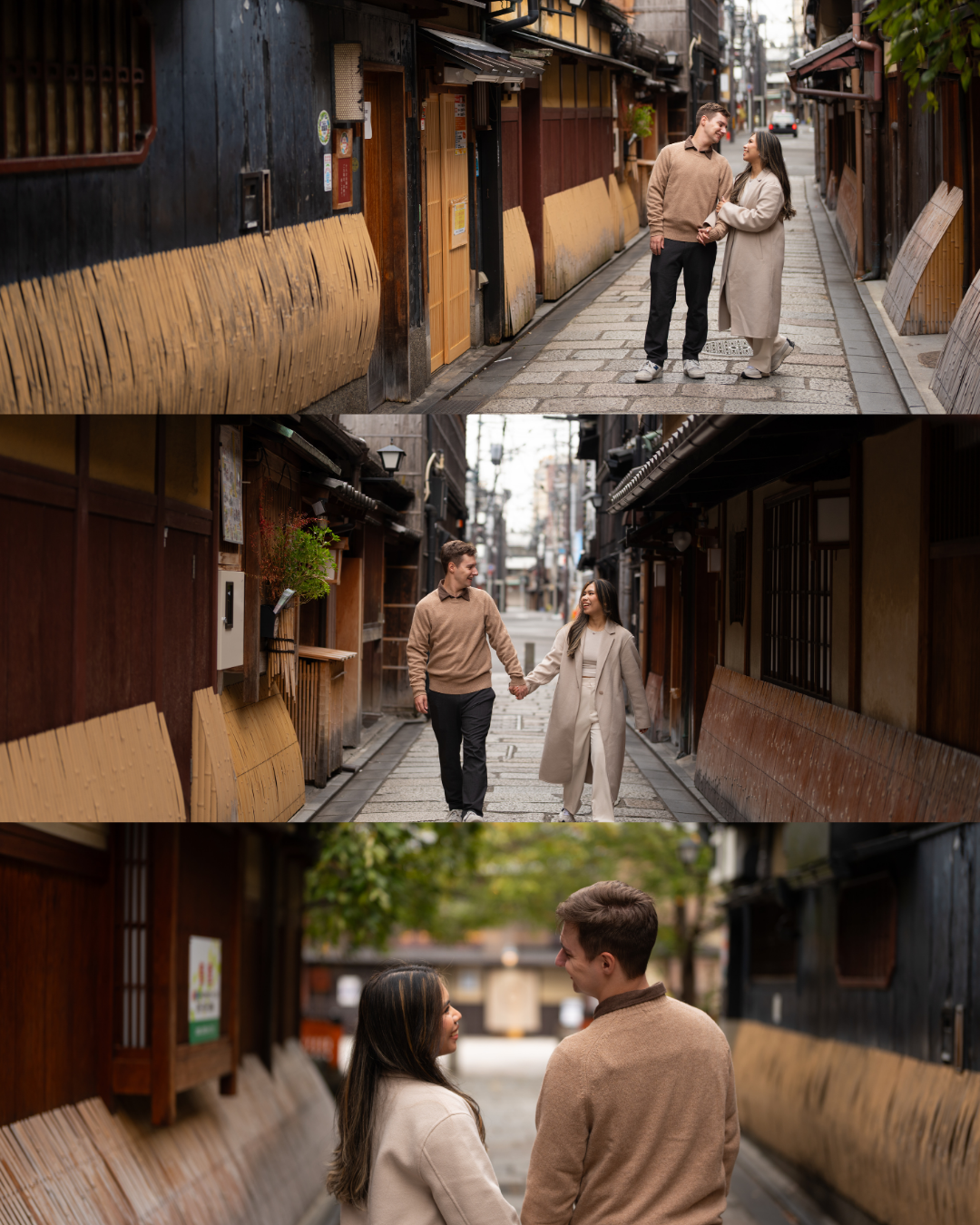 Couple walking and laughing together in a narrow traditional Japanese alleyway with wooden buildings.