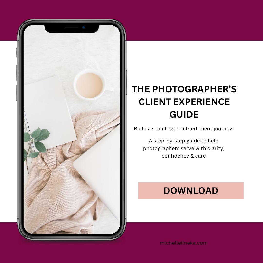 Marketing website mockup showing phone displays with client experience guide and photographer's guide download buttons.