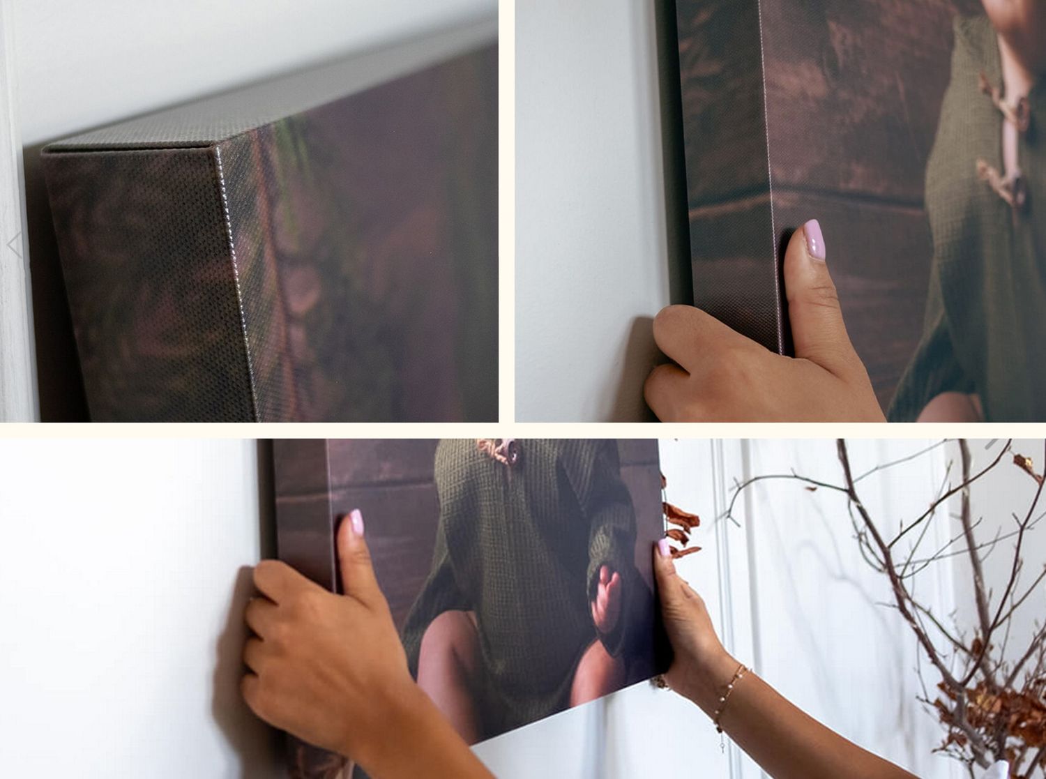 Hands mounting a canvas photo print onto a white wall, shown from multiple angles in a step-by-step installation guide.