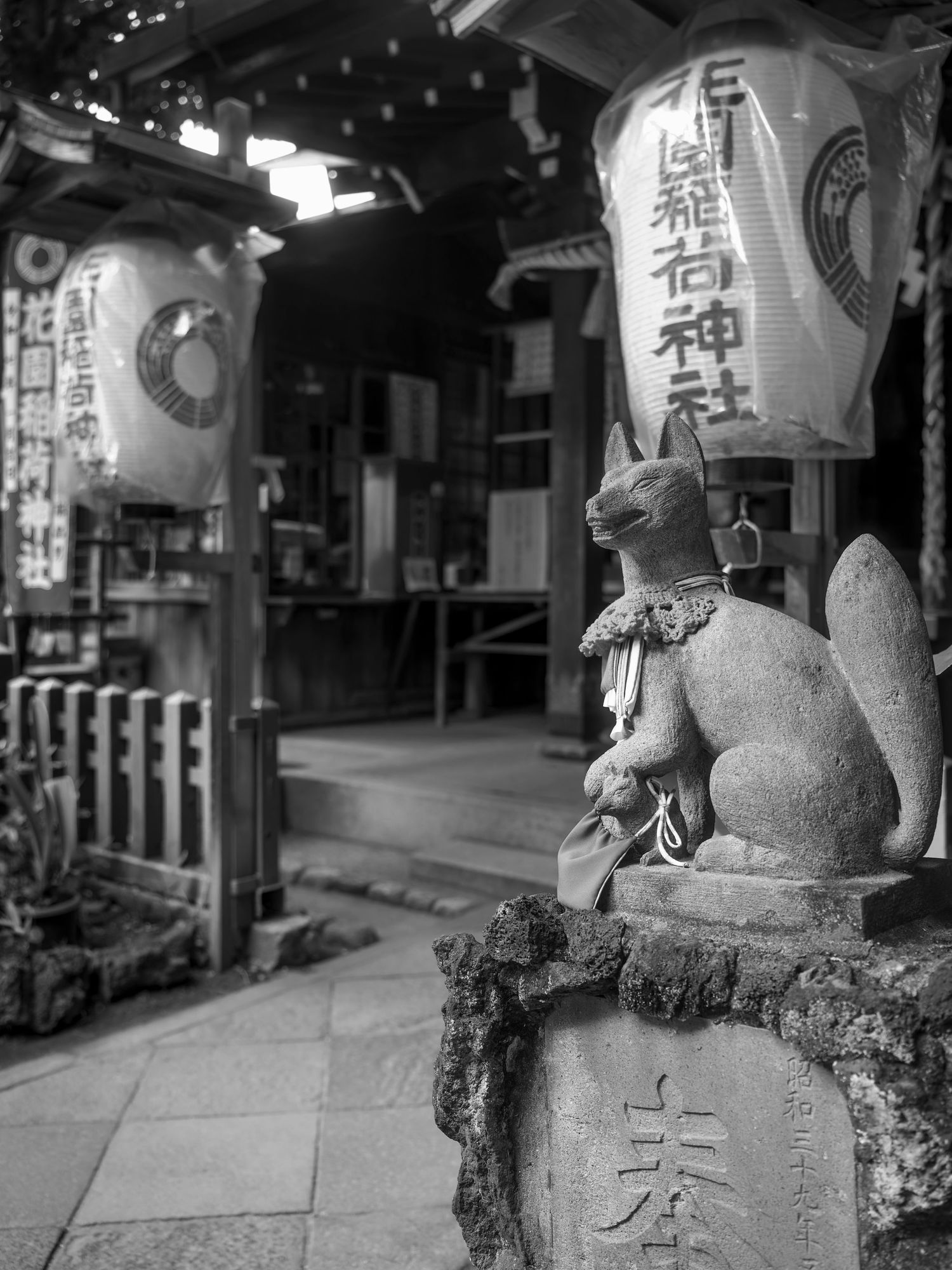 Black and white photo of a stone fox statue at a Japanese Inari shrine with hanging paper lanterns in the background.