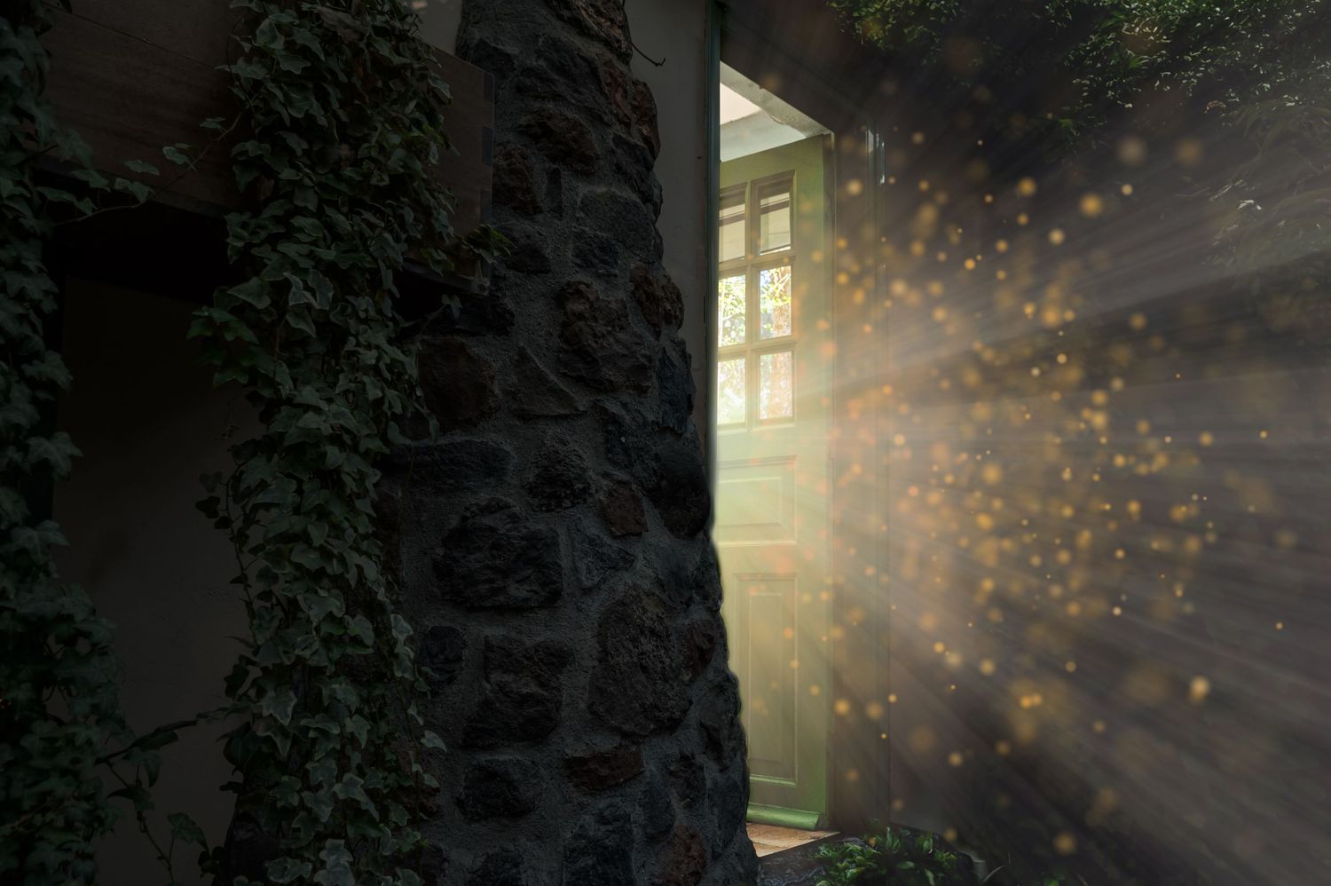 Sunlight streams through a window in an old stone building with ivy-covered walls, creating magical dust particles in the air.