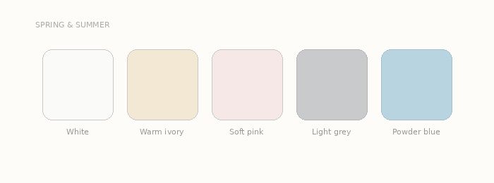 A color palette featuring soft neutral tones including white, beige, pink, gray and light blue swatches arranged in a row.