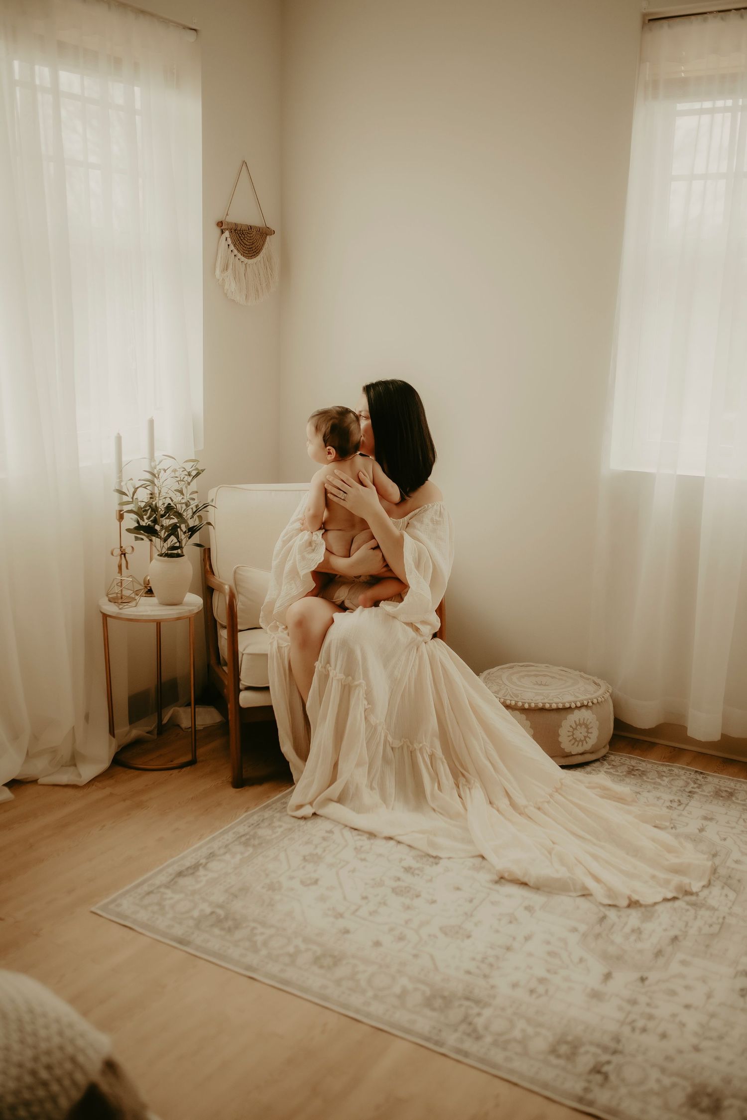A series of soft, dreamy profile shots showing dark hair against a light background in warm tones.