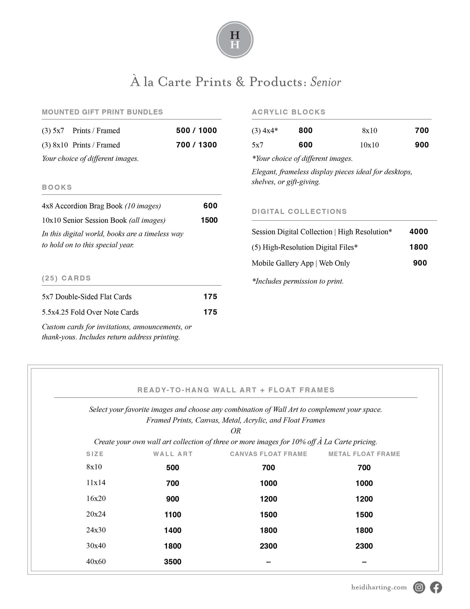 A restaurant menu page showing A La Carte pricing and products with sections for soups, rolls, and made-to-order wall art frames.