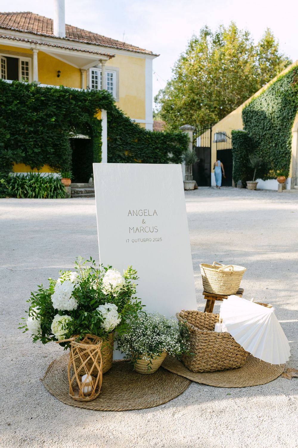 Wedding welcome sign with floral decor at Quinta Nova do Hespanhol Lisbon destination wedding venue