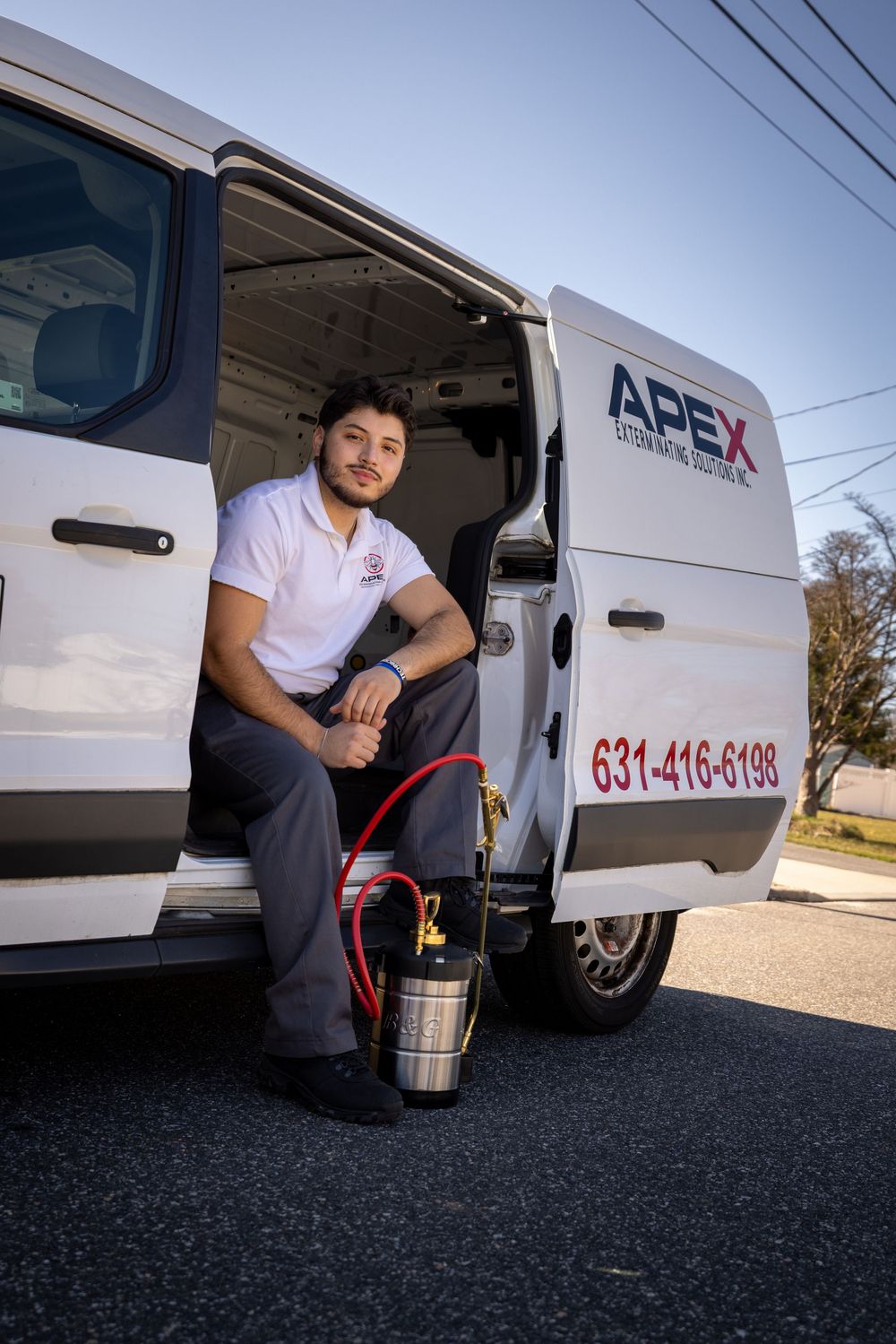 A sequence of photos showing someone sitting at the open door of a white commercial van on an asphalt surface.