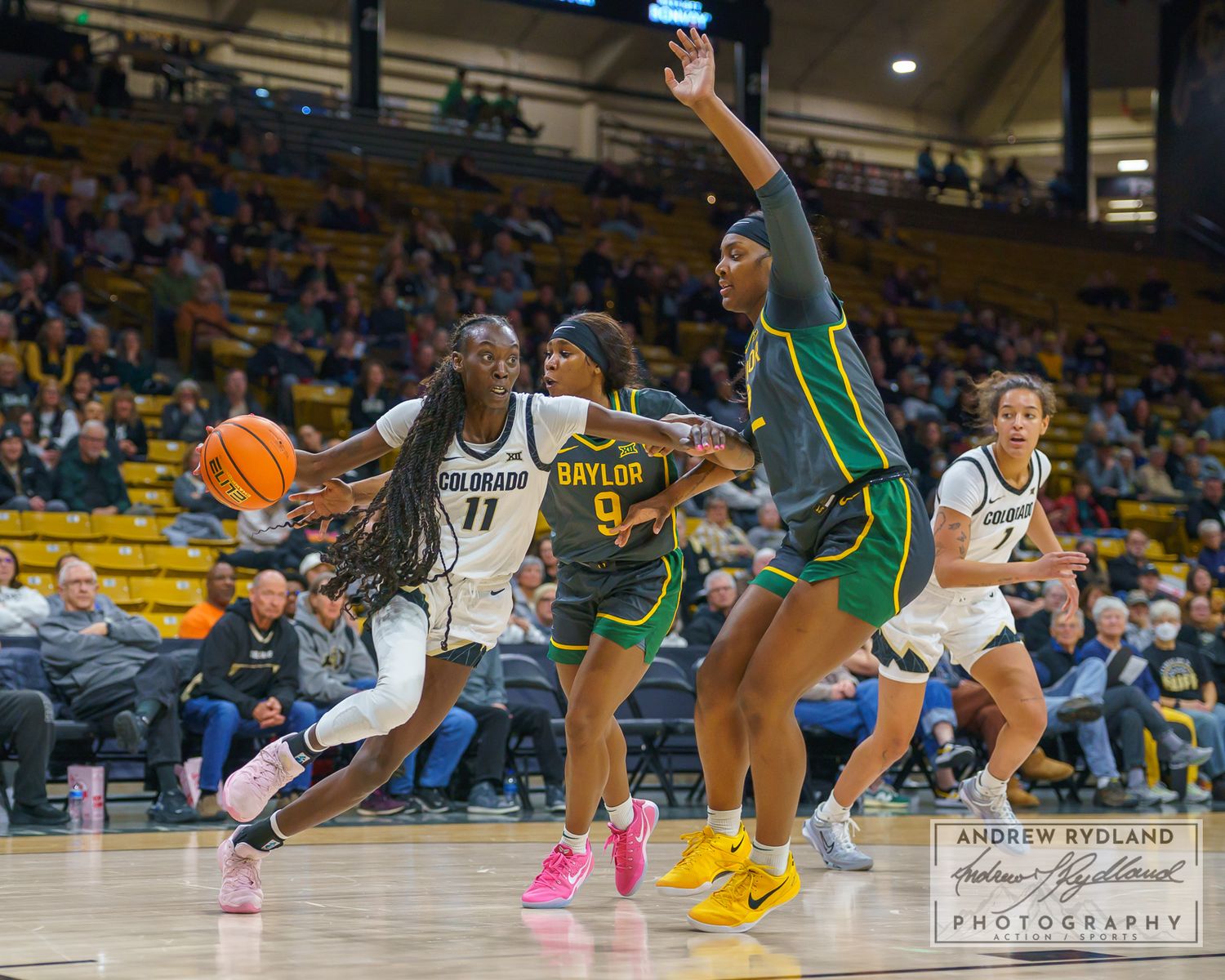Basketball players compete intensely for possession during competitive college game.