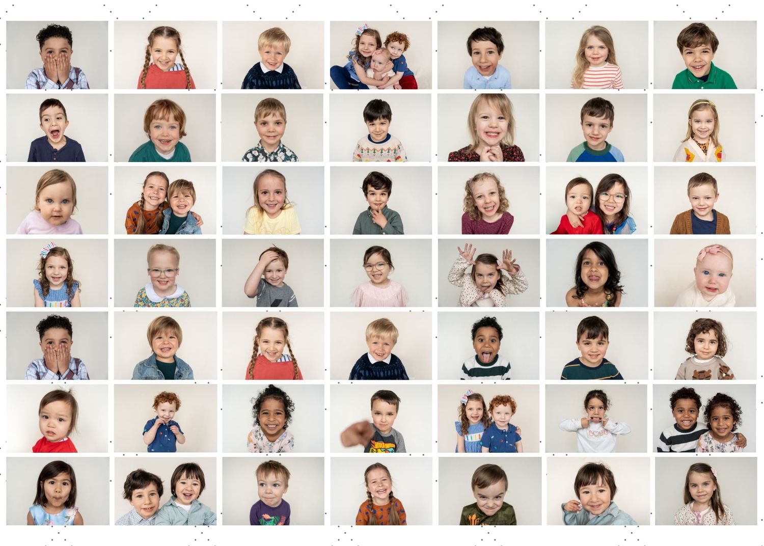 A photo collage grid showing multiple candid portraits of children in casual settings with various expressions and poses.