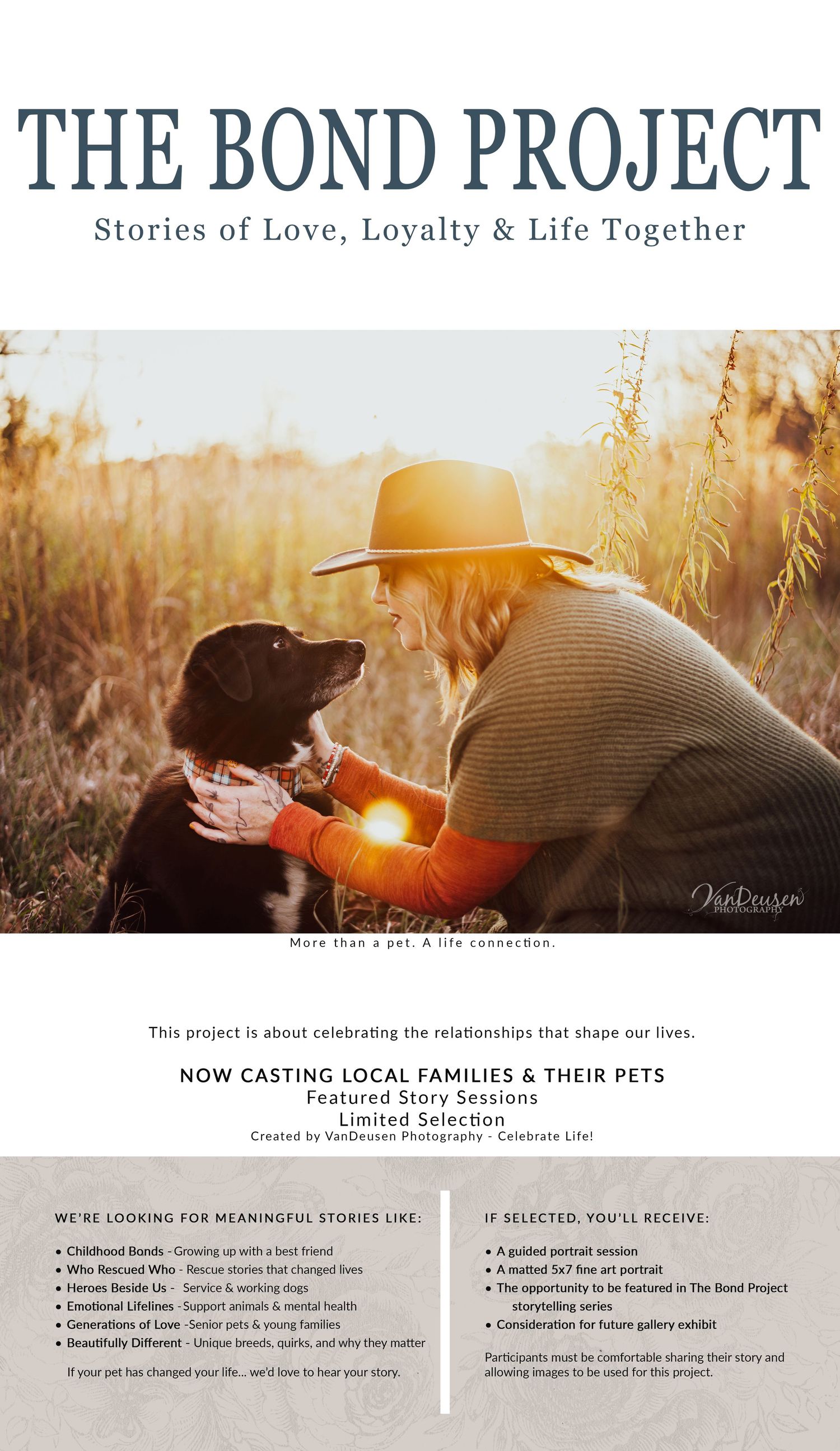 Woman bonding with her dog outdoors in golden field, promoting The Bond Project pet photography storytelling series.