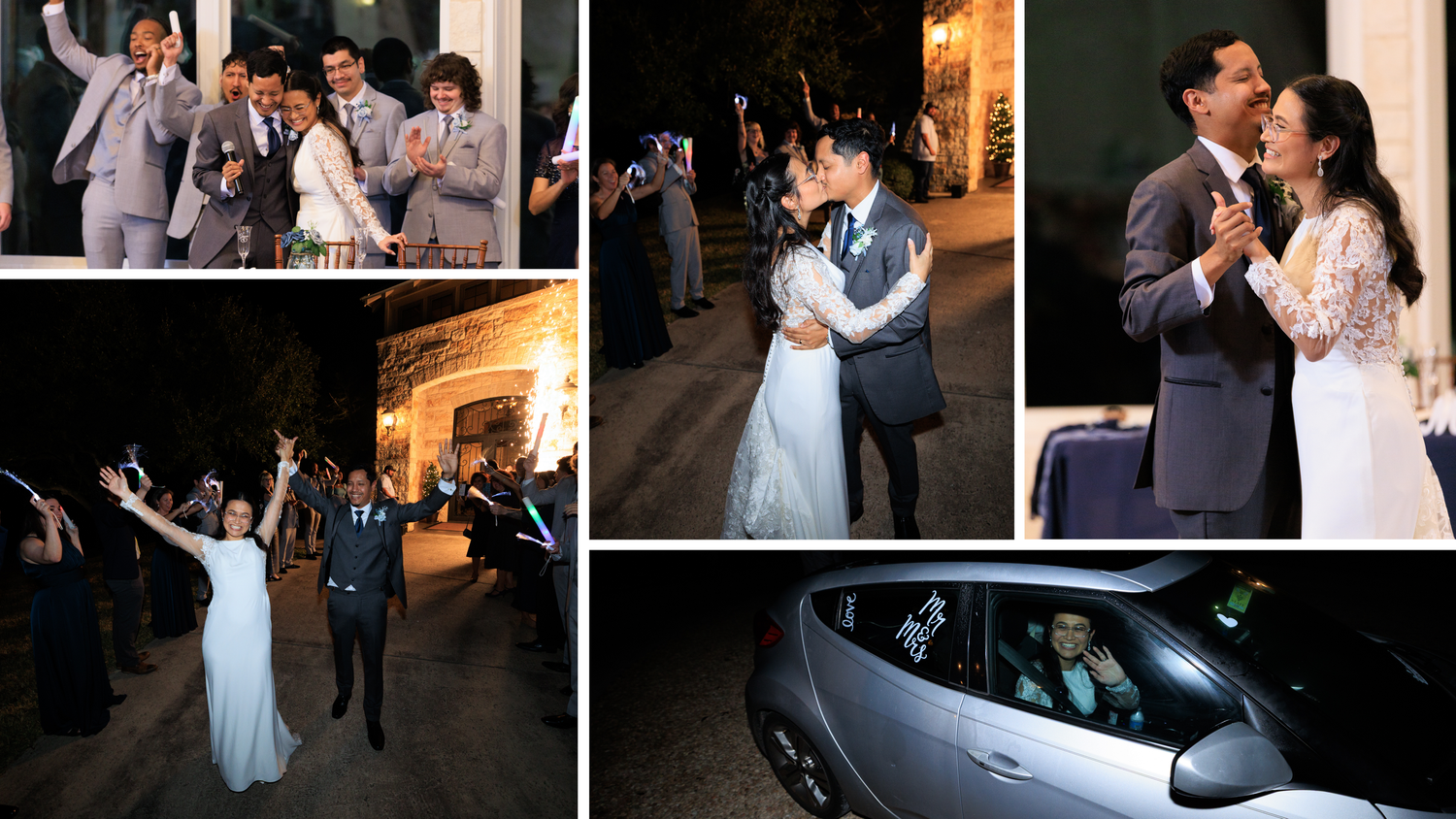 Nighttime wedding sendoff with sparklers, couple dancing, and newlyweds departing in decorated car.