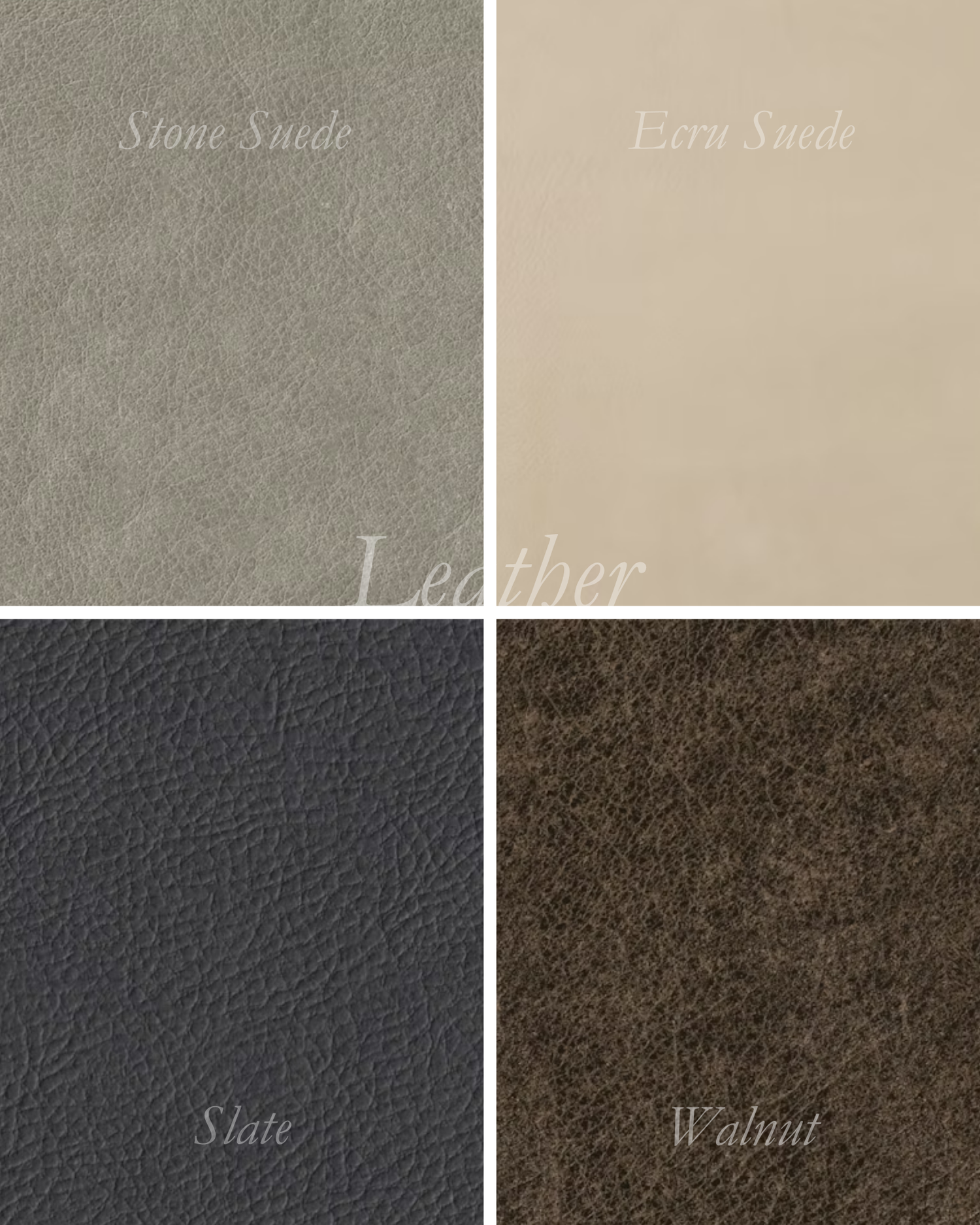 Six fabric swatches including Suede Ivory, Marble Vegan Leather, Summer Linen, Autumn Linen, Frost Linen, and Dusk Linen.