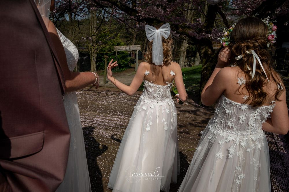 Wedding party members in brown and white formal attire dance together at an outdoor celebration.