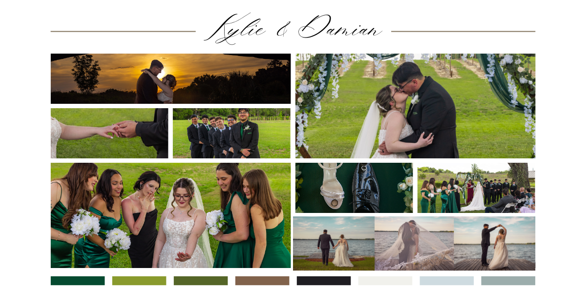 Wedding photo collage for Kylie and Damian featuring ceremony, bridal party, and portraits.