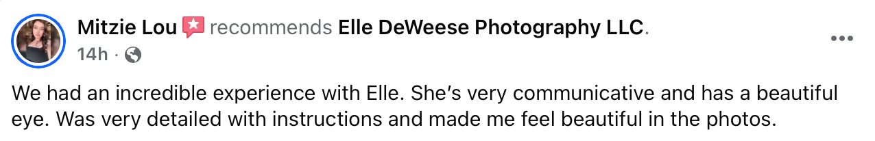 A social media review showing a five star rating and positive feedback about photography services.