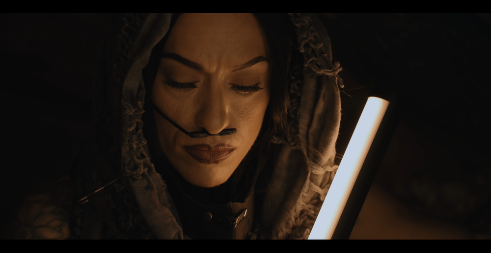 A mysterious warrior in a fur hood holds a glowing light saber in dramatic dark cinematic lighting.