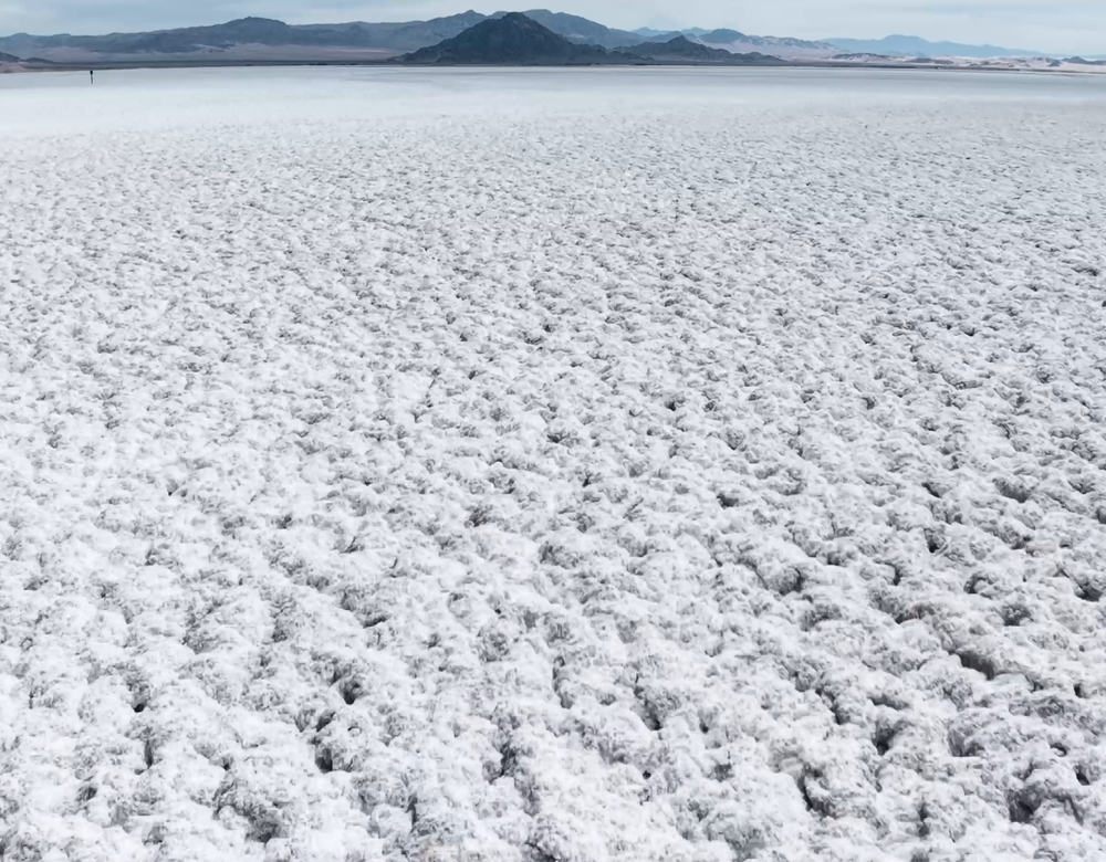 Vast white salt flat landscape with crystalline salt formations and distant mountains under a clear sky.