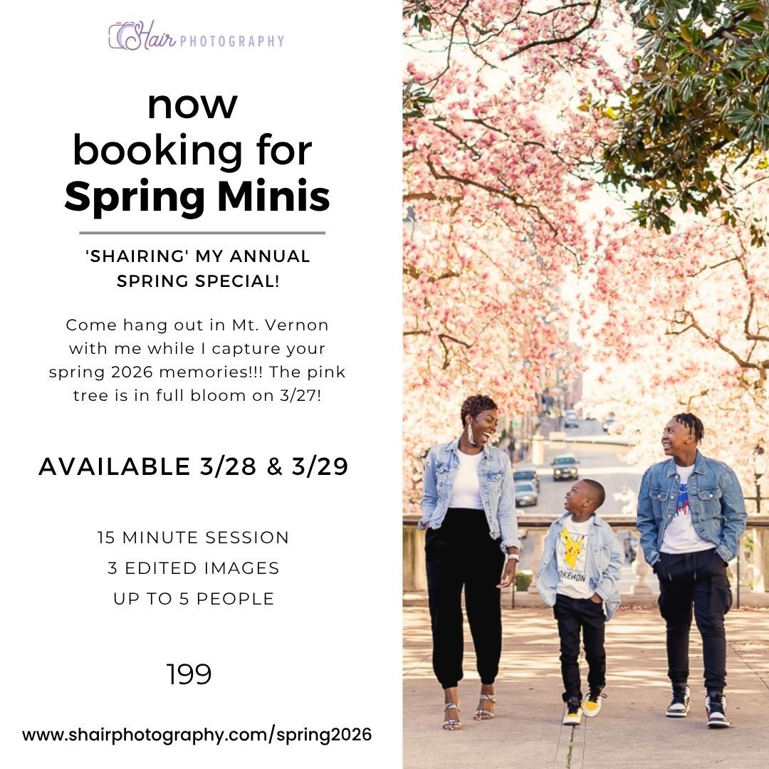 Spring mini photo session booking flyer featuring a family under pink cherry blossom trees in Mt. Vernon, available March 28-29.