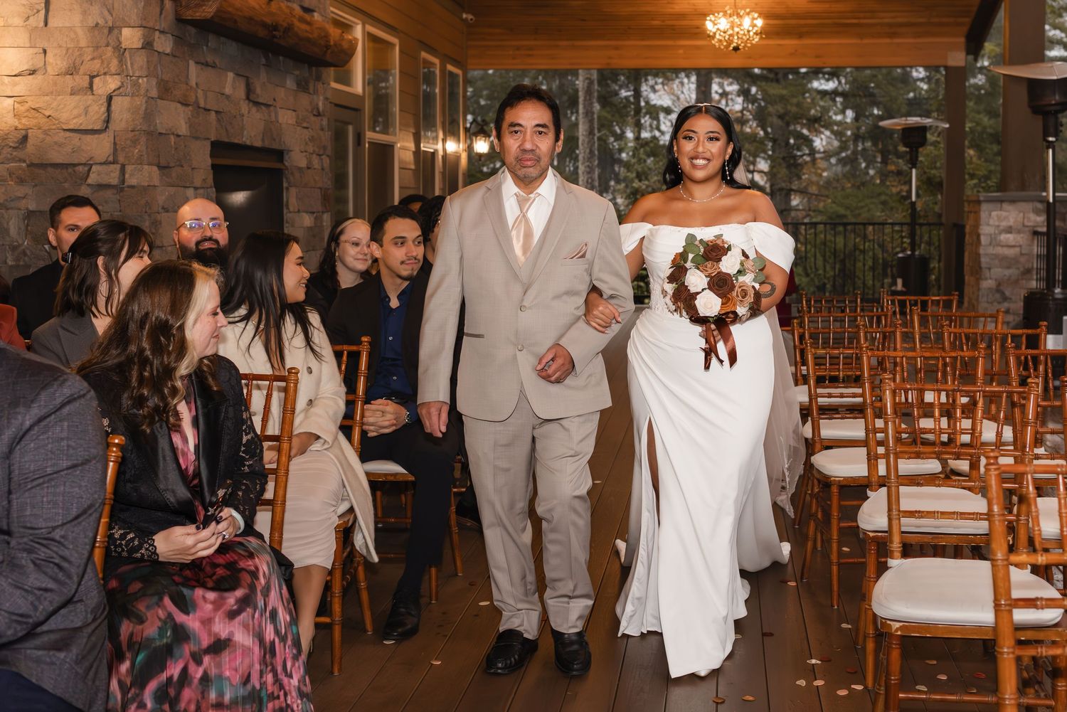 A wedding celebration sequence showing guests dancing and celebrating at an indoor reception venue with warm lighting.