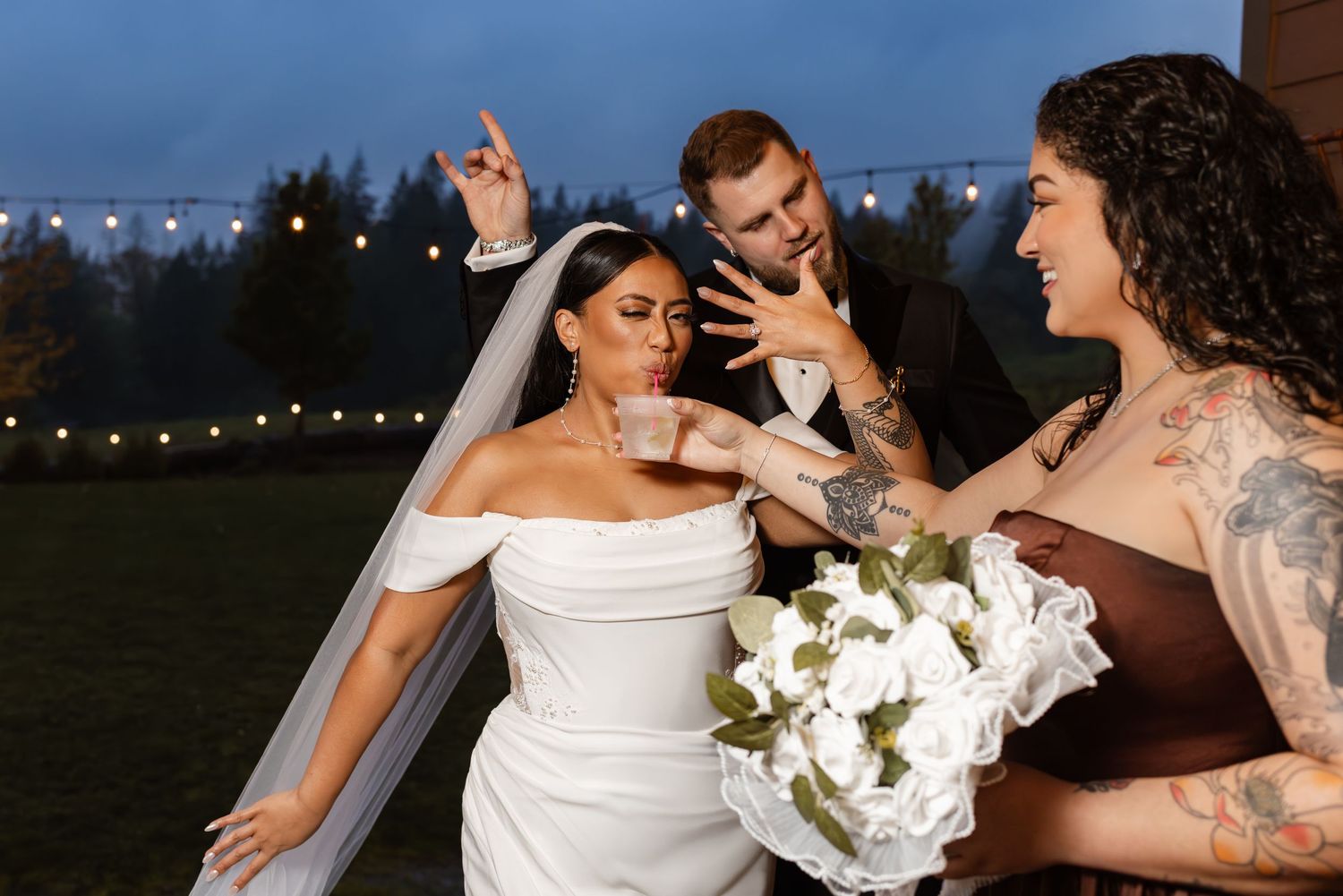 A series of candid wedding celebration photos showing dancing and joyful moments at an outdoor evening reception.