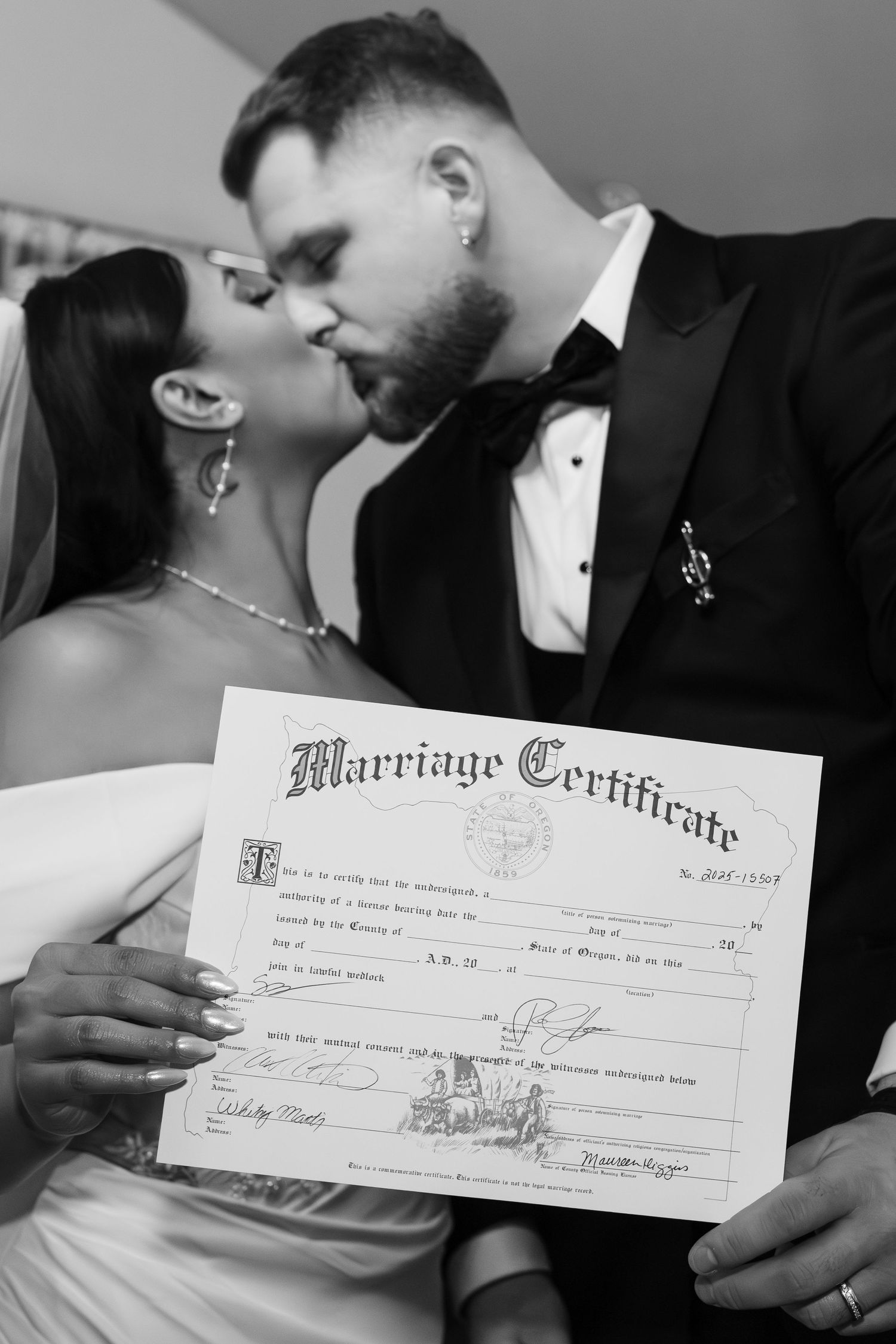 A series of black and white wedding photos showing a marriage certificate and romantic moments between newlyweds.