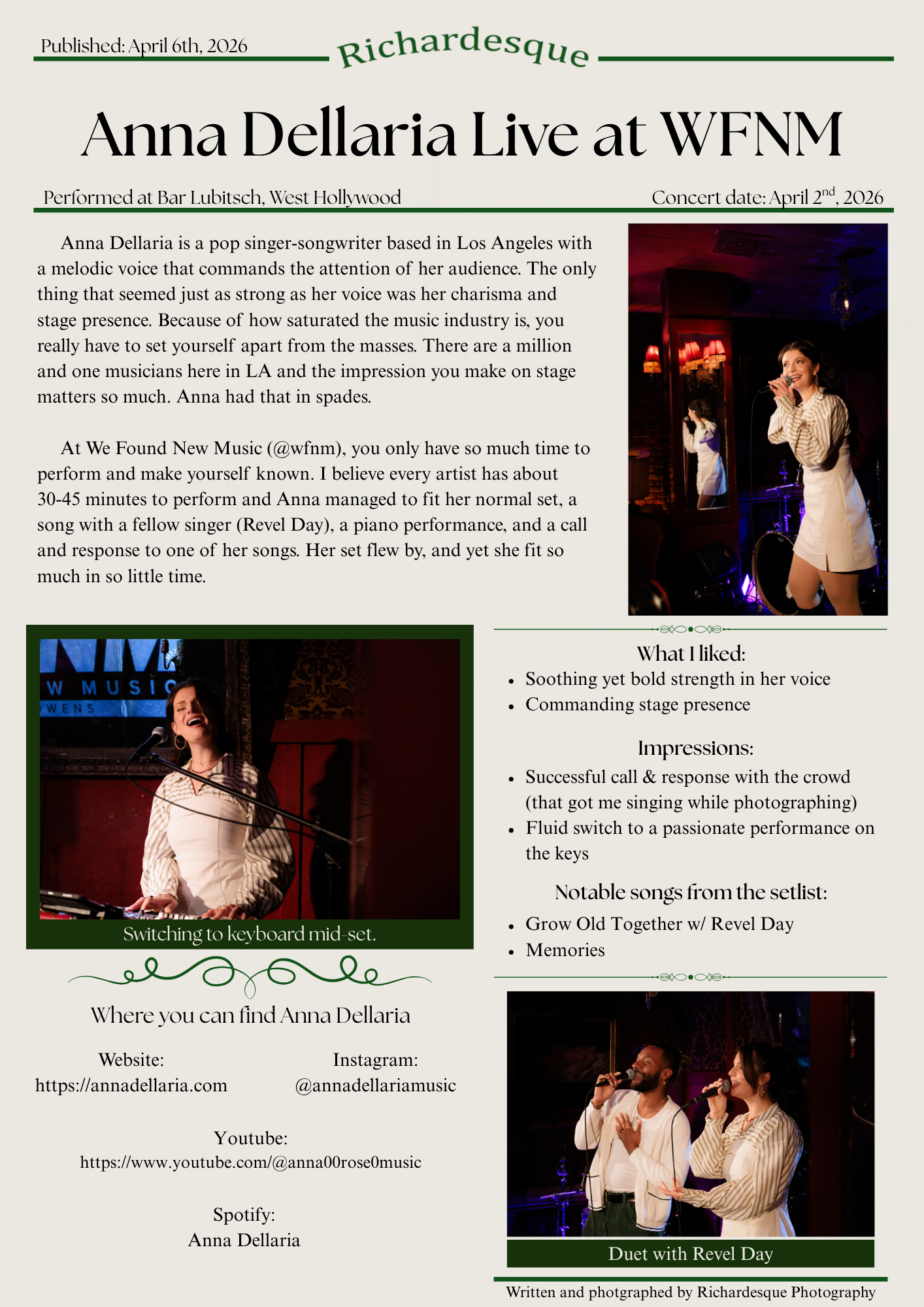 News letter about live music in the Los Angeles County area. Anna Dellario performed at We Found New Music at Bar Lubitsch in West Hollywood