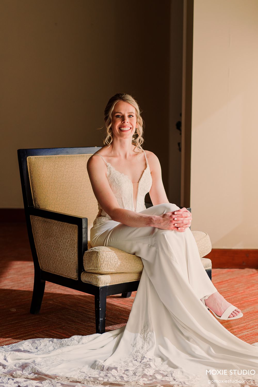 A series of bridal portraits showing a person in a white wedding dress seated on a beige chair against a neutral backdrop.