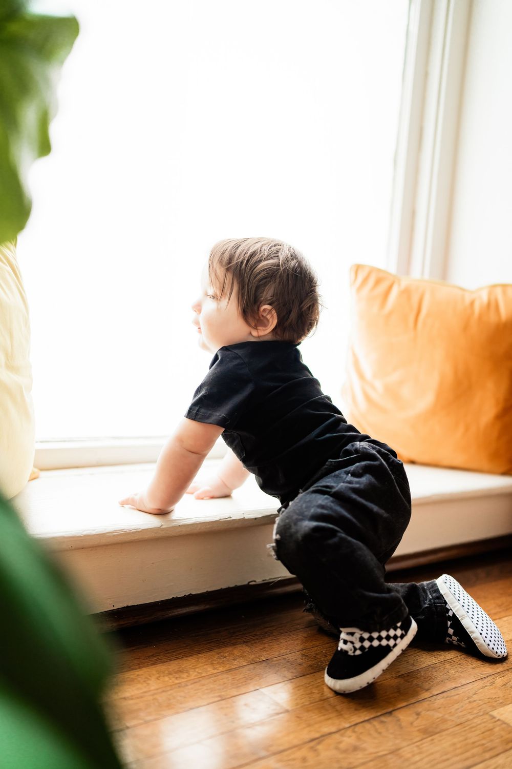 A toddler in black outfit and checkered Vans shoes climbs up to look out a bright window from a wooden floor.